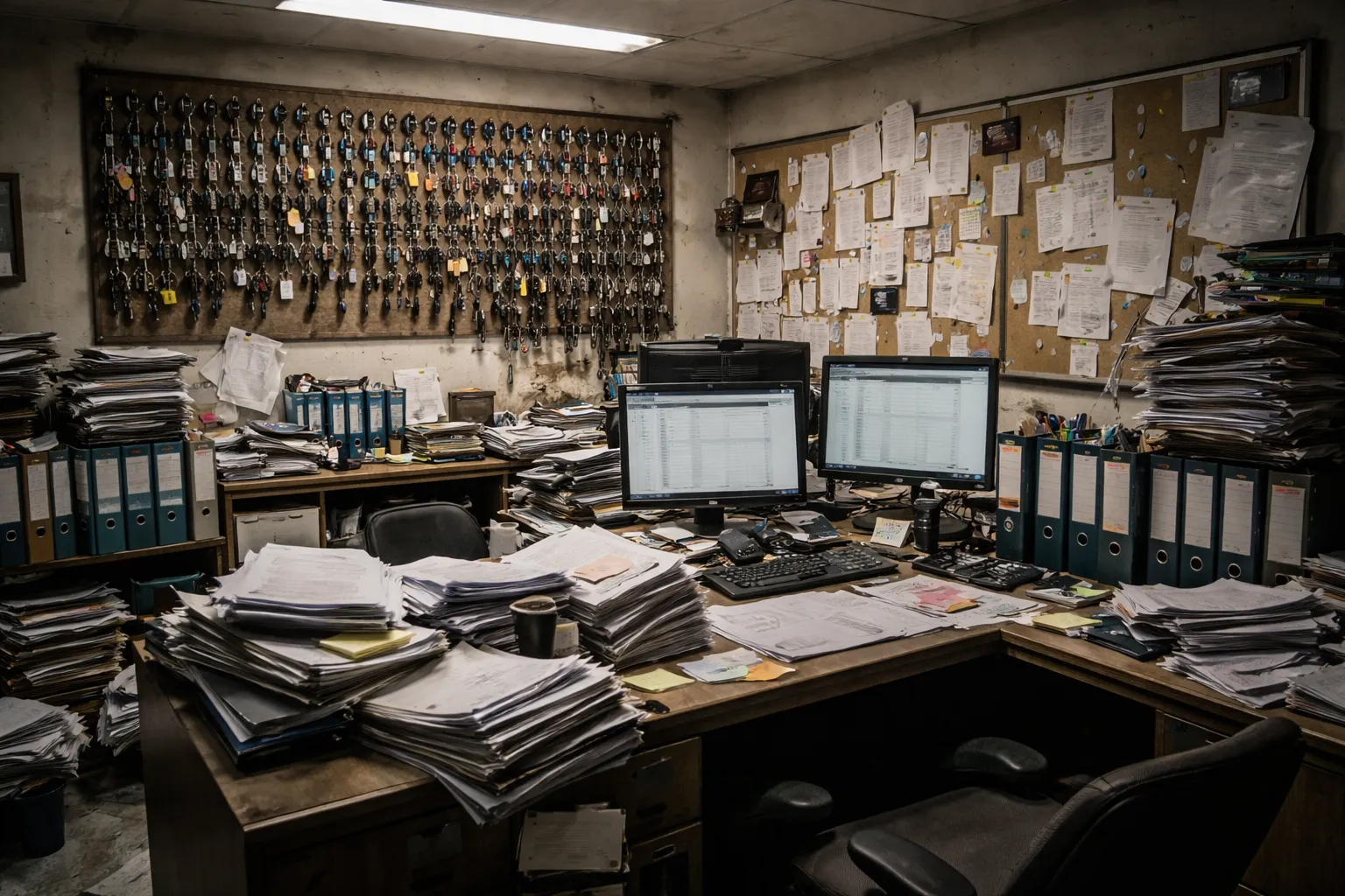 Vorher — chaotisches Büro mit Papierkram